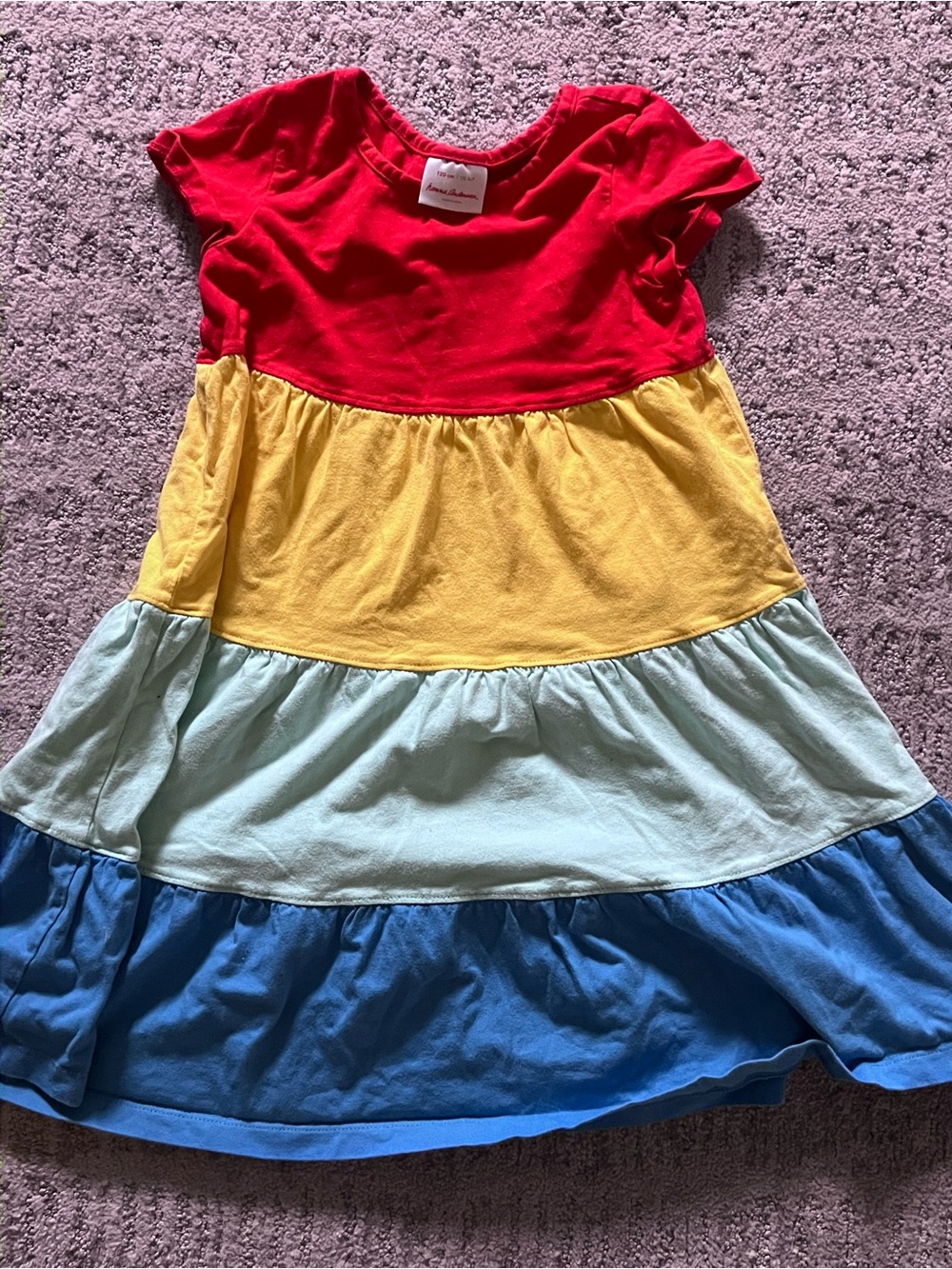 Hanna Andersson Colorblock Tiered Girls Dress in Red, Yellow, Blue size 120 6-7